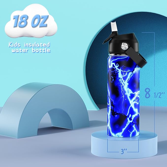 18oz Kids Insulated Water Bottle with Straw Lid - 18/8 Stainless Steel Kid Cup Travel Tumbler Double Wall Vacuum Leak Proof Portable Toddler Water Bottle (Lightning+Game）