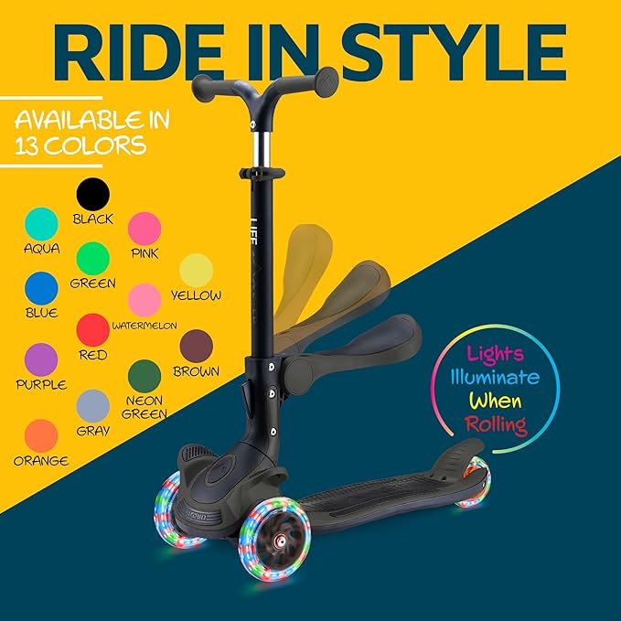 Kids Scooter – Foldable Seat – LED Wheel Lights Illuminate When Rolling – Children and Toddler 3 Wheel Kick Scooter – Adjustable Handlebar – Indoor and Outdoor- by Lifemaster