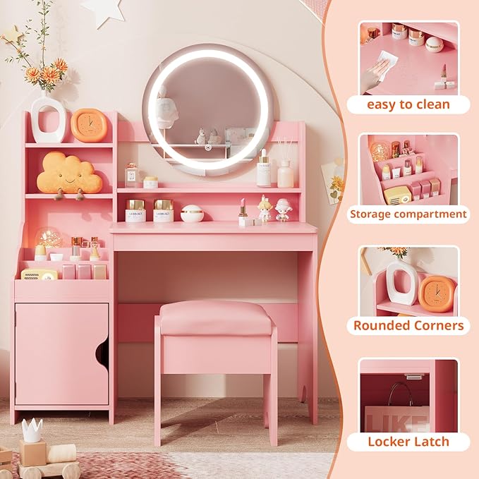 Vabches Kids Vanity with Lights, Princess Makeup Vanity Desk with Open Bookshelf, Storage Cabinet & Shelves, Toddler Vanity Table and Chair Set, Pretend Play Vanity Set for Little Girls, Pink