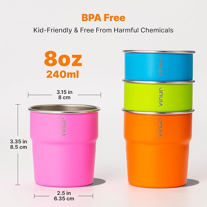 VINUR Kids Stainless Steel Cups-8 oz Stackable Metal Drinking Tumbler Glasses for Travel, Camping, Outdoors (Sky Blue-Orange-Hot Red-Apple Green)