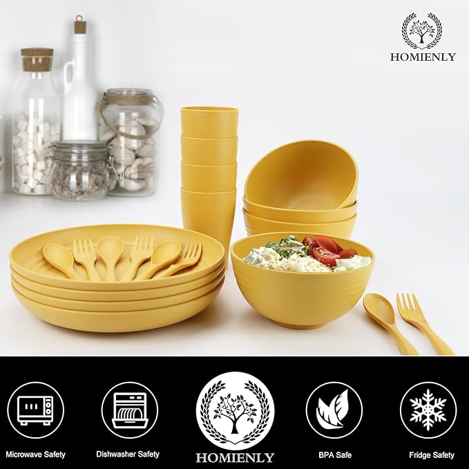 Wheat Straw Dinnerware Sets, Homienly 20pcs Unbreakable Microwave Dishwasher Safe Tableware Lightweight Bowls, Cups, Plates Set Reusable Dinner Plates Bowls set (Yellow)