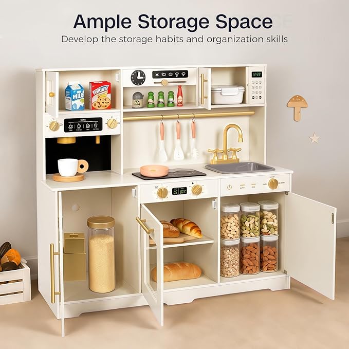 Wooden Play Kitchen for Toddler, Toy Kitchen Set for Kids Pretend Play with 41 Pcs Toy Food & Cookware Accessories, Kitchen Playset Gift for Boys and Girls Ages 3+