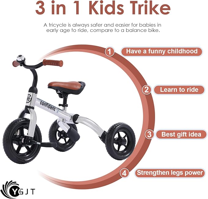 YGJT 3 in 1 Tricycle for Toddlers Age 2-5 Years Old, Folding Kids Balance Bike with Adjustable Seat and Removable Pedal, Toddler Bike Ride-on Toys for Infant, Gifts for Baby Boys Girls Birthday