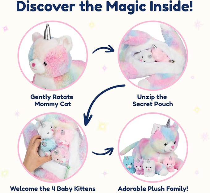 PixieCrush Unicorn Cat Plushie - Mommy Cat Unicorn with 4 Baby Kittens - Magical Pillow Plushies for Girls Ages 3-8 - Big Stuffed Animals - Ideal Gift for Girls 5 x 10 x 8 inches