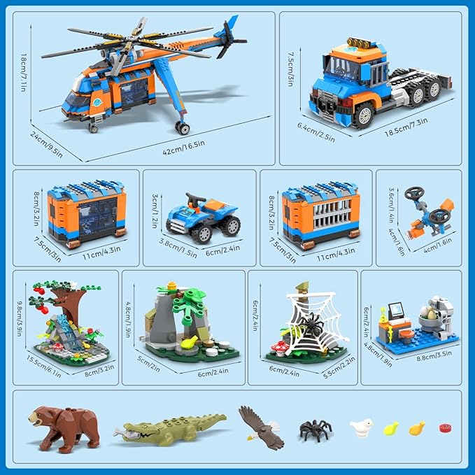 City Jungle Adventurer Helicopter Building Toys - 1356PCS Forest Truck Adventure Building Set with Car Crocodile Brown Bear Wildlife Rescue Blocks Playset Gift for Adults Kids Boys 6+ Years