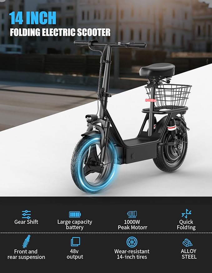 Electric Scooter Adults, 1000W Peak Motor, 35 Miles of Range Scooter with Seat, 28MPH Top Speed, Foldable Escooter with Rear Basket for Pets and Cargo, Dual Suspension for Commuting