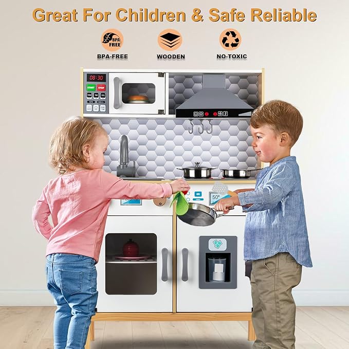 Play Kitchen for Kids Toddlers, Toy Kitchen Playset with Real Lights & Sounds, Wooden Play Kitchen with Cooking Set, Ice Maker, Microwave, Oven for Girls Boys Ages 3+