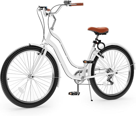YITAHOME 24 & 26 Inch Beach Cruiser Bike, 7 Speed & Single Speed Commute Bike, Step-Through Bicycle for Adult Women & Men, Steel Frame Cruiser Bike with Full Front & Rear Fenders