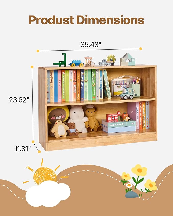 VEVOR Montessori Bookshelf, Wooden Toy Storage Organizer, 2-Cubby Toy Organizers and Storage, Daycare Furniture, Kids Bookshelf for Bedroom, Nursery, Living Room, Entryway, Preschool, Rubberwood