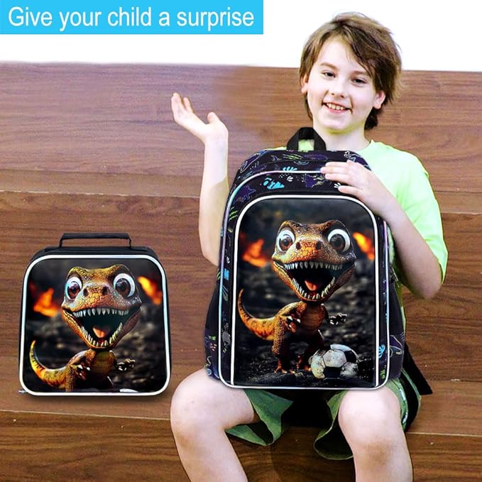 16" Dinosaur Backpack for Boy, 3Pcs Soccer Bookbag for Elementary Preschool Kindergarten, Kids School Backpacks with Lunch Box (Black)