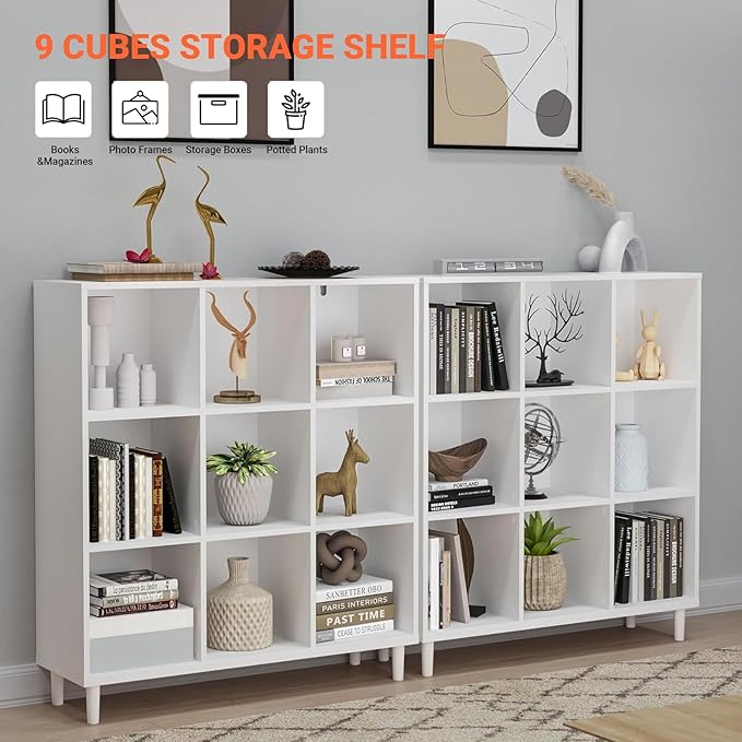 9 Cube Storage Organizer | White Bookshelf|3 Shelf Bookcase |Long Bookshelf| -Cubic Storage Cabinet（Storing Books,Toys & More Easy to Install）