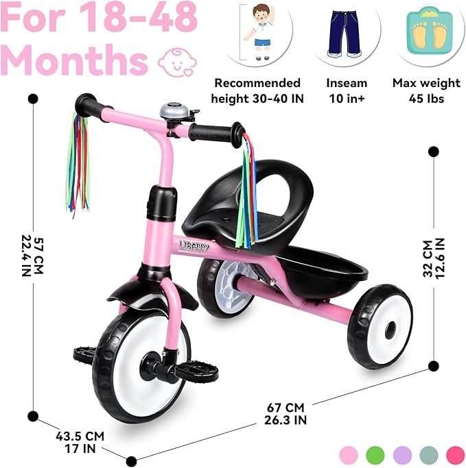 Liberry Toddler Tricycle Age 2 3 4 Years Old, Kids Trike with Bell, Back Basket and Removable Pedal, 3 Wheel Bike Riding Toy Gift for Girls, Light Pink