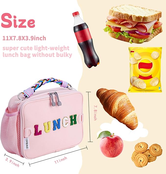 Lunch Bag Kids,Insulated Lunch Bag for Girls with Shoulder Strap,Easy Holds Lunch Box,Snacks and Water Bottle Together,Keep Foods Fresh in School or Picnic (Pink)