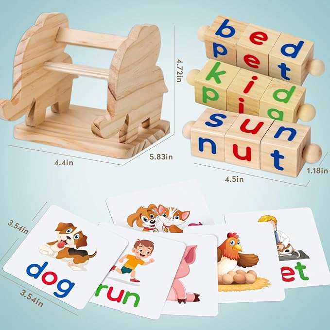 Montessori Learning and Educational Toys Gifts for Kids 3 4 5 Years, Wooden Reading Blocks Toys, Learning Activities for Preschool Kindergarten, Turning Rotating Matching Flash Card Games
