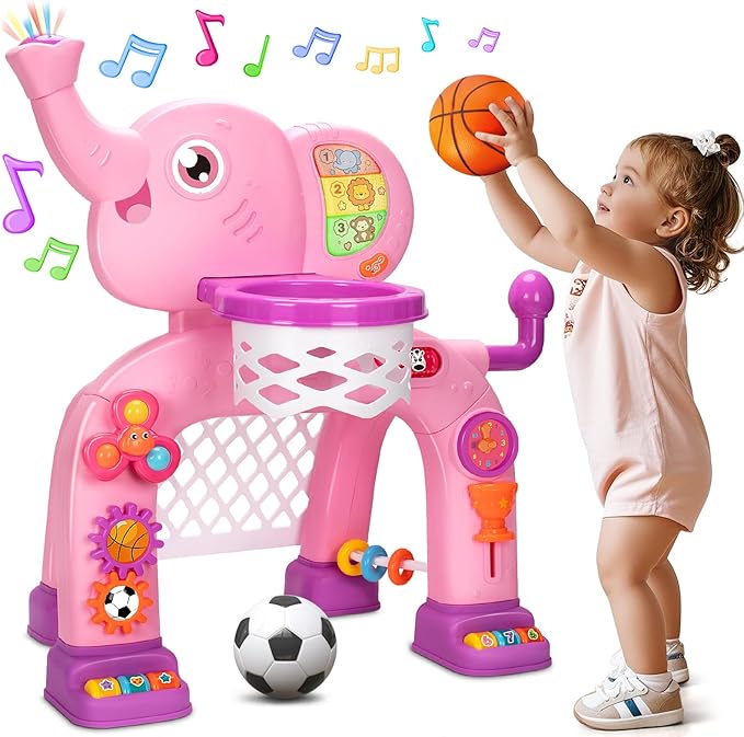 Toddler Basketball Hoop & Soccer Goal Sports Toys for 1 2 3 Years Old Girls Boys, Montessori Toys, Interactive Musical Toy with Lights, Christmas Birthday Gifts for Baby Kids Age 12-18 Months(Pink