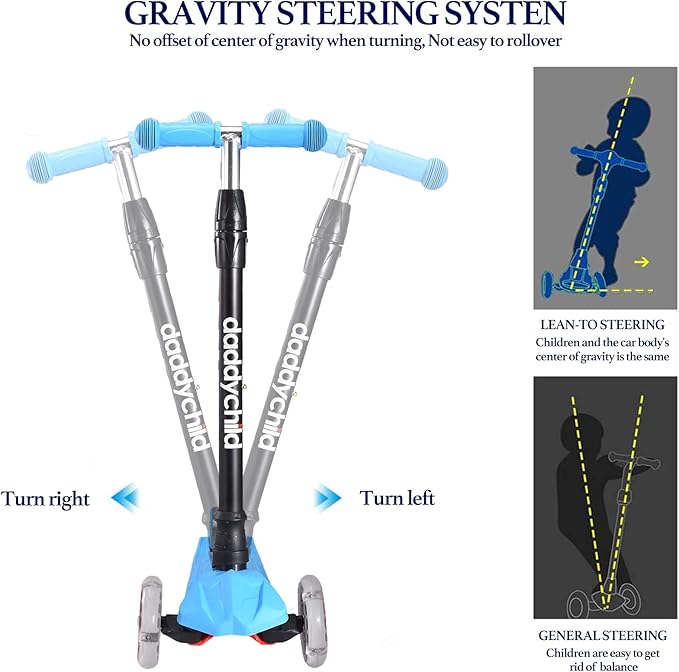 Kids Kick Scooter, 3 Wheeled Scooter for Kids, Child/Toddlers Toy, Adjustable Height, Anti-Slip Deck, Flashing Wheel Lights, for Boys/Girls 3-12 Year Old