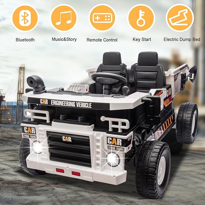 24V 4WD 2-Seater XL Kids Ride on Truck Electric Toy Car with Electric Dump Bed, Parents Remote Control Kids Car Tractor Toys Ride-on Dump Truck for Boys and Girls Ages 3+, White