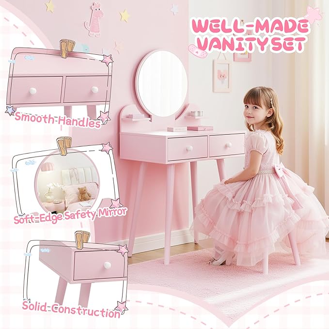 Arlopu Kids Vanity Table and Chair Set, 2 in 1 Toddler Makeup Dressing Desk with Detachable Large Mirror and Stool, Drawers, Princess Wooden Pretend Play Toys for Little Girls (Pink)