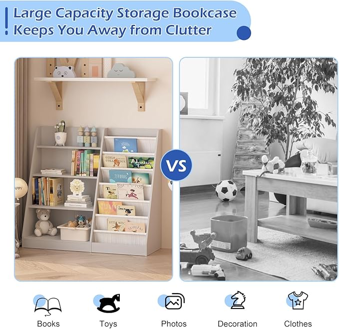 Gray Kids Bookshelf for Nursery Toddler Baby Sling Book Rack Adjustable Shelf Children Bookcase for Classroom Playroom Bedroom Décor Toy Magazine Book Storage Organizer 4 Tier Boy Girl’s Gift