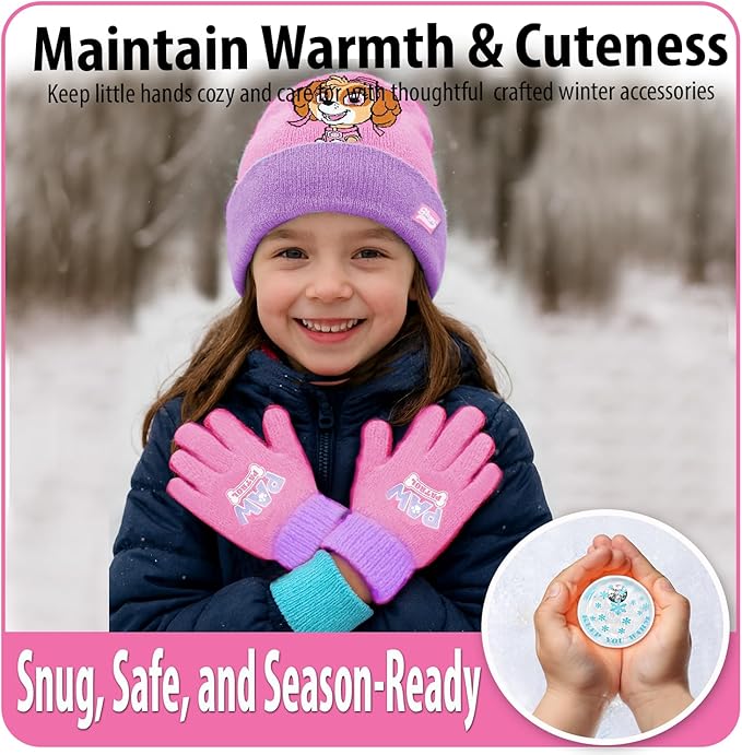 Nicklelodeon Paw Patrol Girls Winter Hat and 2 Pair Mittens or Gloves (Age 2-7), Size Age 4-7, Paw Patrol Reversible Glove with Handwarmers
