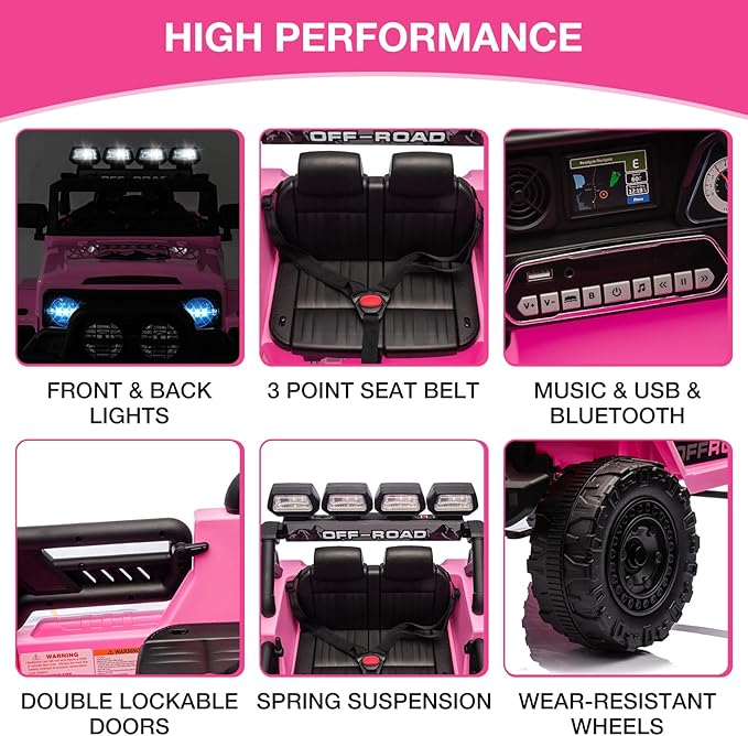 Ride On Truck Car 12V, Electric Vehicle w/Remote Control, 3 Speeds, LED Lights, Music, Spring Suspension, Ride on Car for Kids