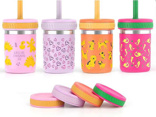 Sursip 10 oz Stainless Steel Kids Cups with Silicone Sleeves & Straws | Spill-Proof Sippy Cup for Drinks & Snacks, Smoothie Cups for Toddlers, BPA-Free, Dishwasher Safe