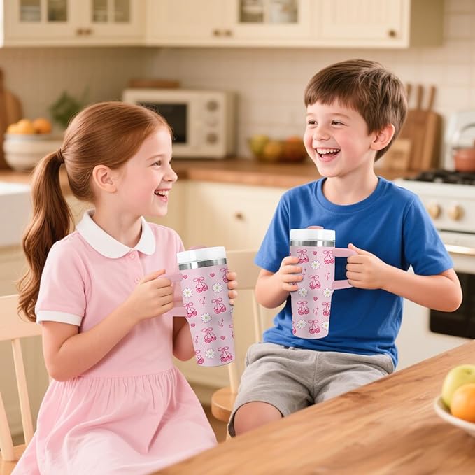Cherry Bow Gifts for Girls - 14oz Kids Tumbler with Handle and Straw, Stainless Steel Insulated Water Cup, for Sport, School, Travel - Pink Bow Cherry Themed Children Birthday Gift Cup(1pc)