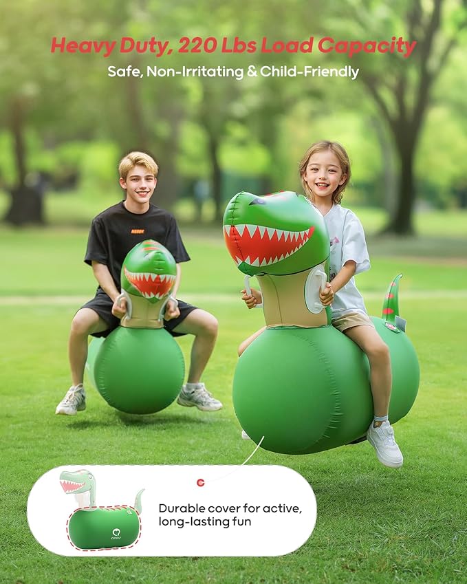 QPAU Inflatable Bouncy Dinosaur Toys 2 PCS with Hand Pump, Heavy Duty Giant Bouncy Pal, 220lbs Load Capacity, Ride On Bouncy Animal Hopper Toy, Indoor Outdoor Bouncers for Kids Girls Boys Ages 5+