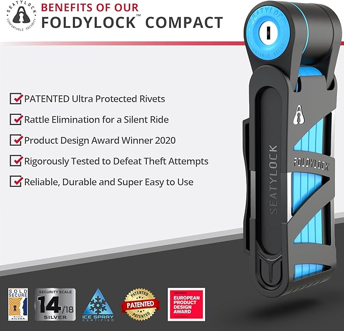 Seatylock FoldyLock Compact Folding Bike Lock - Award Winning Patented Lightweight High Security Bicycle Lock - Heavy Duty Anti Theft Smart Secure Guard with Keys & Case for Bikes or Scooters