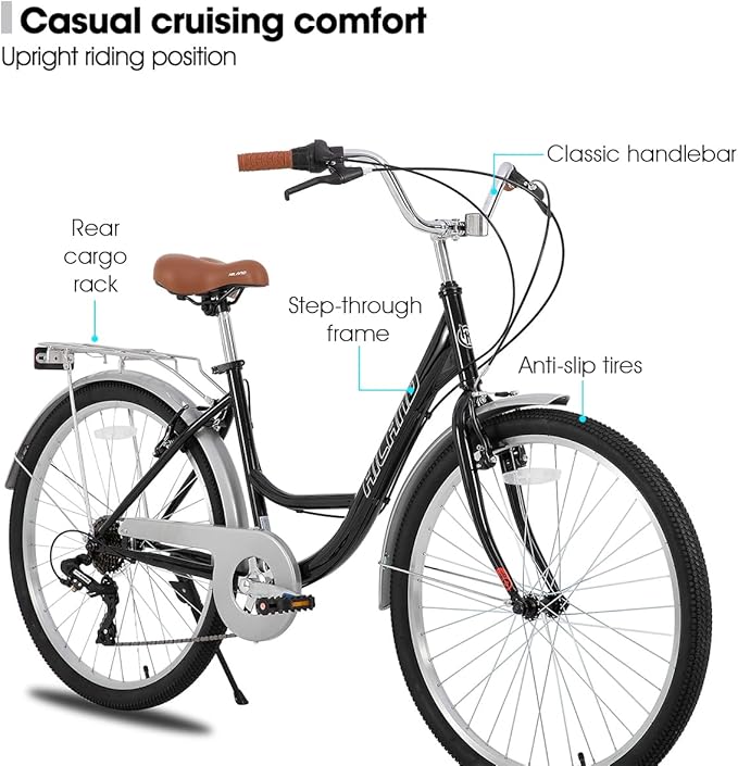 HILAND 26 inch Complete Beach Cruiser Bike for Adults, 7 Speed Step-Through Frame Womens Bicycle with Rear Rack, Retrospec Bike Commuter City Bicycle for Men