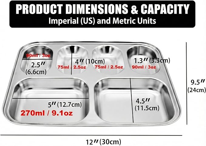 Korean Stainless Steel Divided Plates, Food Grade 304 Tray for Kids, Teens, Adults, Picky Eaters, BPA Free, 6 Sections, Diet Portion Control, Serving Platter, Dinner Snack, Set of 2