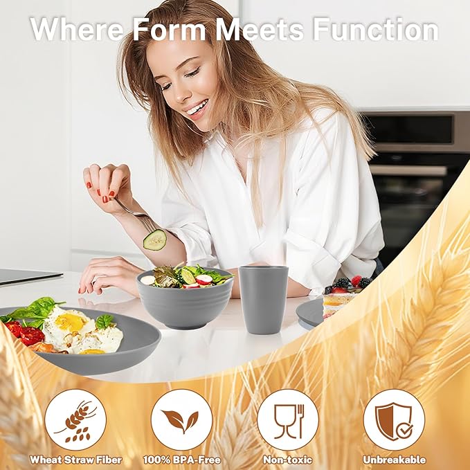 Wheat Straw Dinnerware Set 32 PCS, Dinner Plates,Dessert Plates, Drinking Glasses, Wheat Straw Bowls Set, Microwave and Dishwasher Safe Dishes Set for 8 for Outdoor, Camping, Picnic - Grey