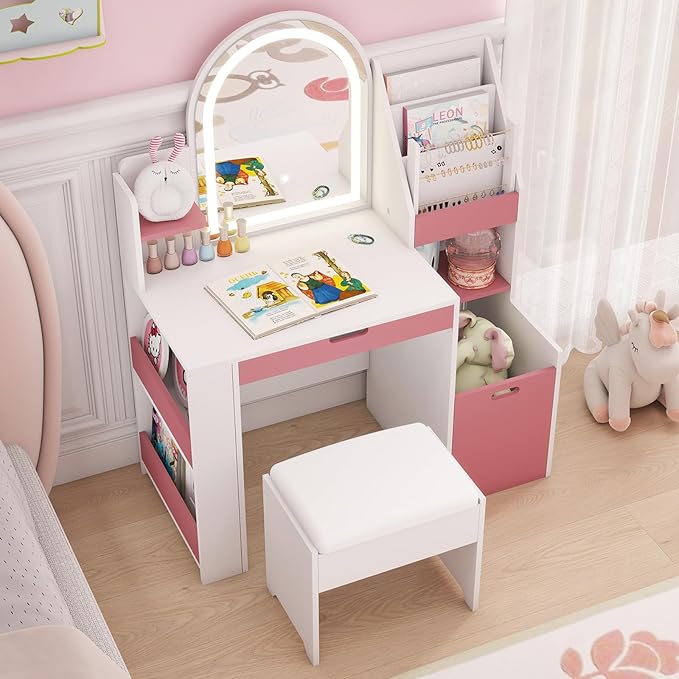 ARTETHYS Kids Vanity with Mirror and Lights Small Princess Pink & White Dressing Table with Open Bookshelf 3 in 1 Toddler Makeup Vanity Desk Set with Storage Chair and Toy Organizer for Little Girls