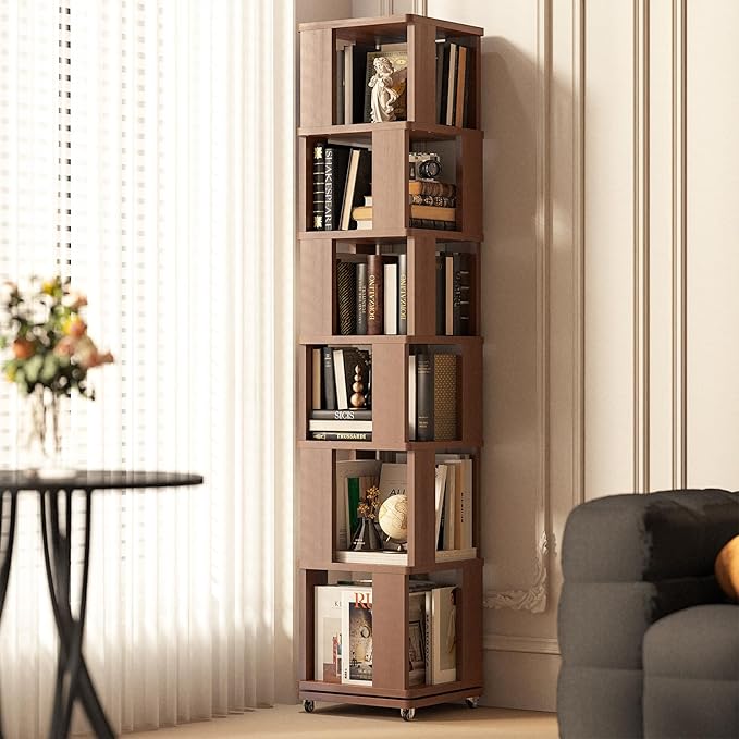 6 Tier Solid Wood Rotating Bookshelf Tower on Wheels, 360° Upgrade Spinning Book Shelf, Revolving Bookcase Organizer, Swivel Bookshelves for Small Spaces, Corner, Bedroom, Kids Room, Office (Walnut)
