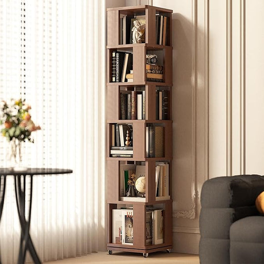 6 Tier Solid Wood Rotating Bookshelf Tower on Wheels, 360° Upgrade Spinning Book Shelf, Revolving Bookcase Organizer, Swivel Bookshelves for Small Spaces, Corner, Bedroom, Kids Room, Office (Walnut)