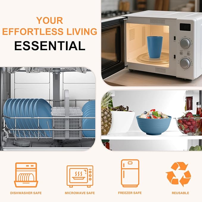 Dinnerware Sets for 8, Wheat Straw Bowls and Plates Set, Microwave and Dishwasher Safe Dish Sets 32 PCS, Unbreakable & Lightweight Camping Plates Cups and Bowls Set for Kitchen - Blue