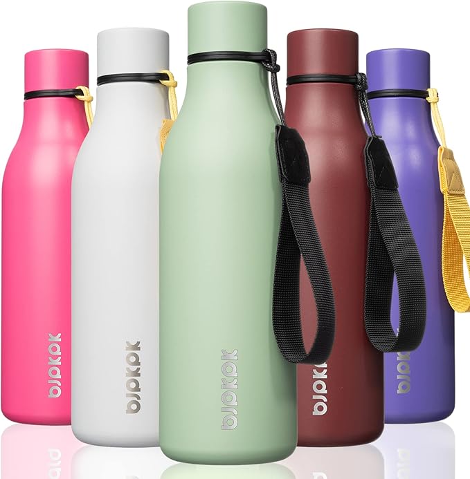 BJPKPK Insulated Water Bottles, 18 oz Stainless Steel Metal Water Bottle with Strap, BPA Free Leak Proof Thermo, Mugs, Flasks, Reusable Water Bottle for Sports & Travel, Macaron Green