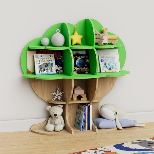 Light Green Tree Kids Bookshelf Toddler Bookcase 4-Tier Baby Book Rack Children Toy Storage Organizer Forest Wood Display Shelf Nursery Playroom Bedroom Classroom School Homeschooling Boy Girl’s Gift