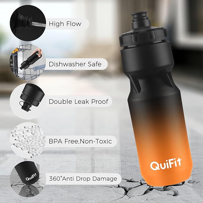 QuiFit Cycling Water Bottle 24oz, 2 Pack Sports Water Bottle BPA Free, Leakproof, Lightweight, With Dust Cap, Fits for Most Bike Drink Holder, for Biking, Running, Travel(Black+Black Orange, 24oz)