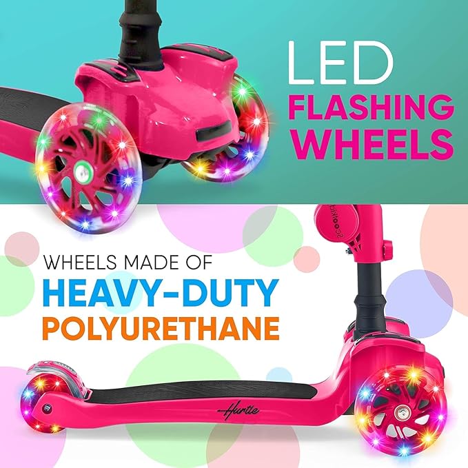 Hurtle 3-Wheeled Scooter for Kids - Wheel LED Lights, Adjustable Lean-to-Steer Handlebar, and Foldable Seat - Sit or Stand Ride with Brake for Boys and Girls Ages 1-14 Years Old