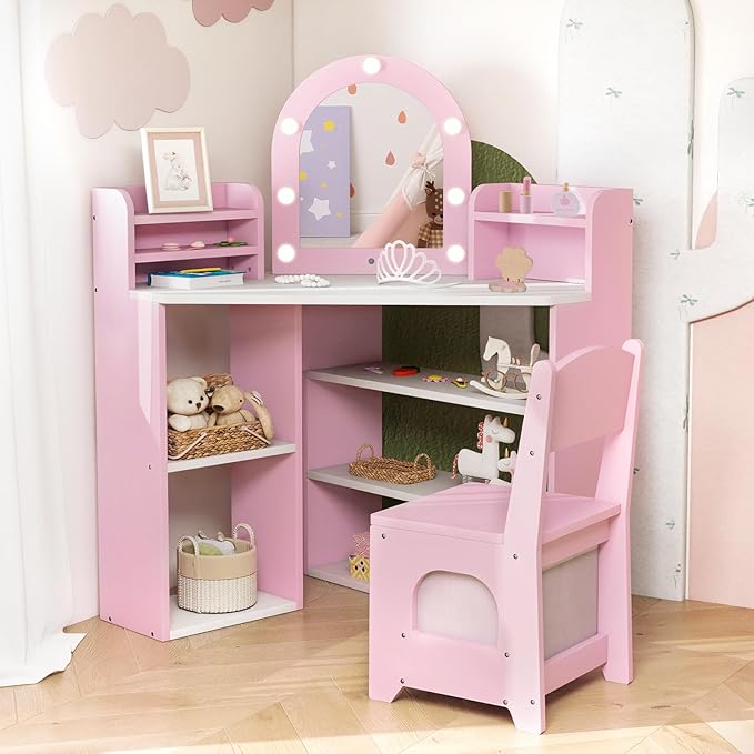 Costzon Kids Vanity with Lights, Corner Vanity Desk with Mirror, Storage Shelves, Wooden Princess Toddler Makeup Dressing Table, Kids Vanity Table and Chair Set for Little Girls (Pink)