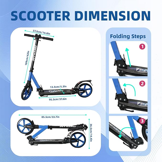 FREEDARE Kick Scooter for Kids & Adults Ages 8+, Foldable Teen Scooter with 2 Big 8-inch Wheels and 4-Level Adjustable Handlebar, Max Load 220 LBS