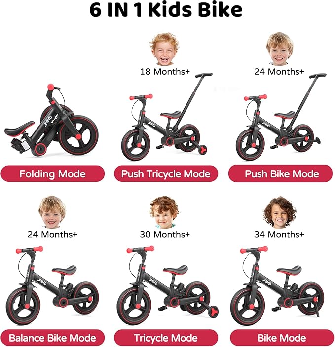 JMMD Toddler Bike with Push Handle for Kids 18-60 Months, 6 in 1 Foldable Push Bike with Training Wheels, Pedals, Brakes, Kickstand, Kid Balance Bike Gift & Toys for Boy & Girl