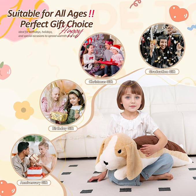 40'' Jumbo Beagle Plush Stuffed Animal, Large Beagle Long Body Pillow Plush Toy, Giant Soft Stuffed Puppy Dog Plushie Gift for Kids Boys Girls, Birthday, Halloween, Christmas