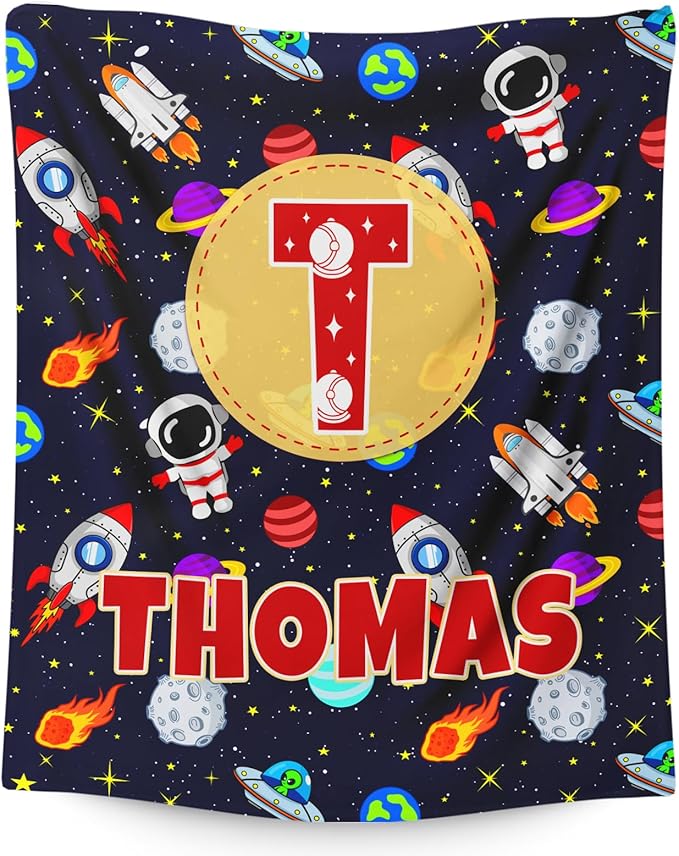 Personalized Blanket Gifts for Kids Boys, Custom Planet Throw Blanket with Initial Letter Soft Cozy Fuzzy Bed Throws, 4 Sizes Optional Kids Blankets for Couch Sofa Bed