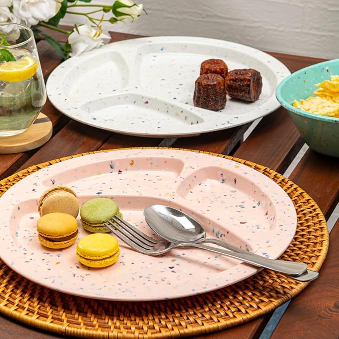 bzyoo 11-Inch Divided Plates Set of 2 - Confetti Pink BPA-Free, 100% Melamine Portion Control Plates with Dividers Unbreakable, Dishwasher Safe for Kids, Camping, BBQ Parties Fun