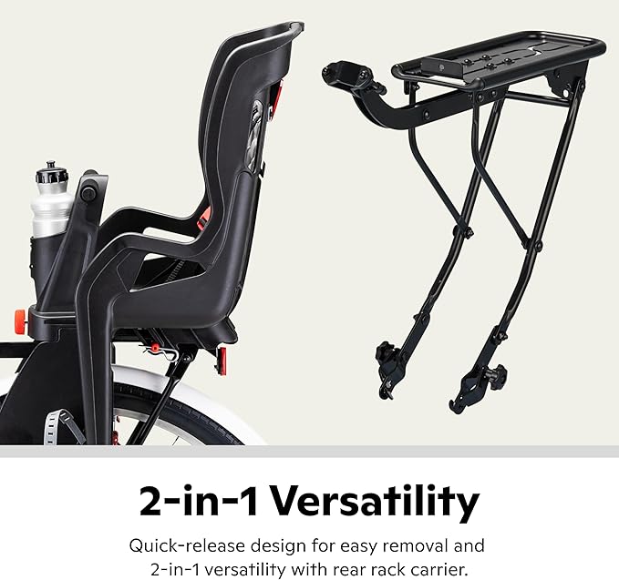 Schwinn Deluxe or Ovation Child Bike Carrier, Seats one Kid Ages 1+, Frame Mount, Adjustable Safety Harness, Quick Release Design, Comfortable Padding, Rear-Mounted Child Bike Seat for Toddler