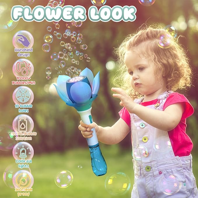 PANACARE Bubble Wand Blower for Kids Handheld Lotus Bubble Wand Automatic Bubble Machine with Battery/Light/10000+Bubbles/Bubble Solution Bubble Toy Gift for Girl Boys Party Weddings Outdoor Indoor