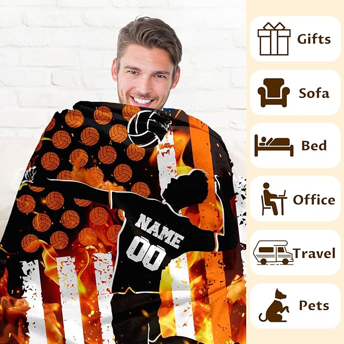 Personalized Name Blanket for Boys Men, Volleyball Throw Blanket Gift for Kids Teens, Custom 50x40 Inches Sport Blankets for Couch Sofa Bed