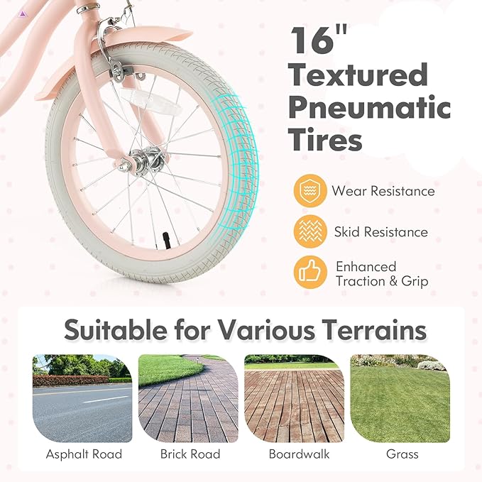 COSTWAY Kids Bike, 14 16 18 Inch Toddler Bike with Training Wheels, Basket, Adjustable Seat & Handlebar, Hand & Coaster Brakes, Bell, for Girl Boy Aged 3-8 Years Old